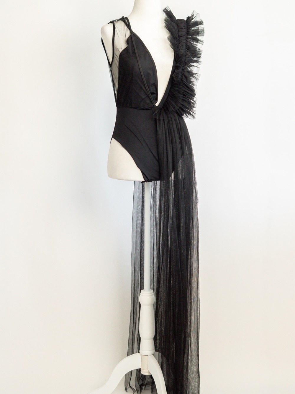AKIRA Black Sheer Tulle One-Piece with Ruffle Shoulder